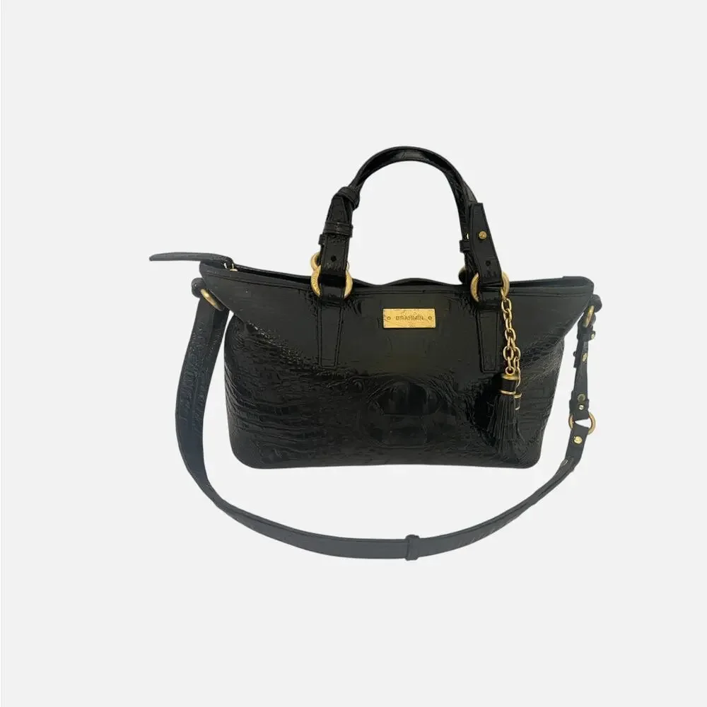 Brahmin Mini Asher Black Melbourne Croc Embossed Leather Satchel Crossbody